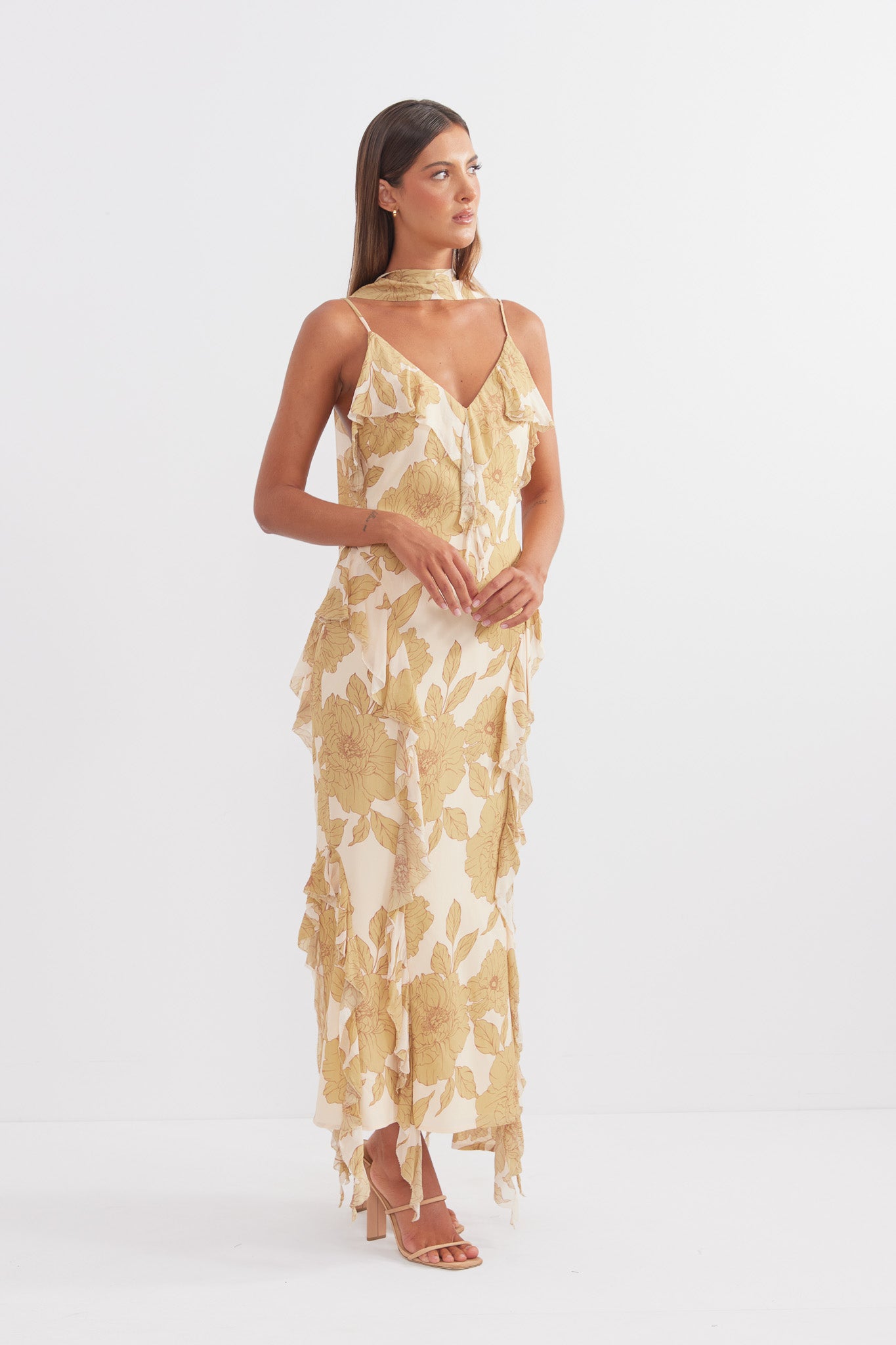 Darling Golden Yellow Floral Cascade Ruffle Midi Dress P A S D U C H A S