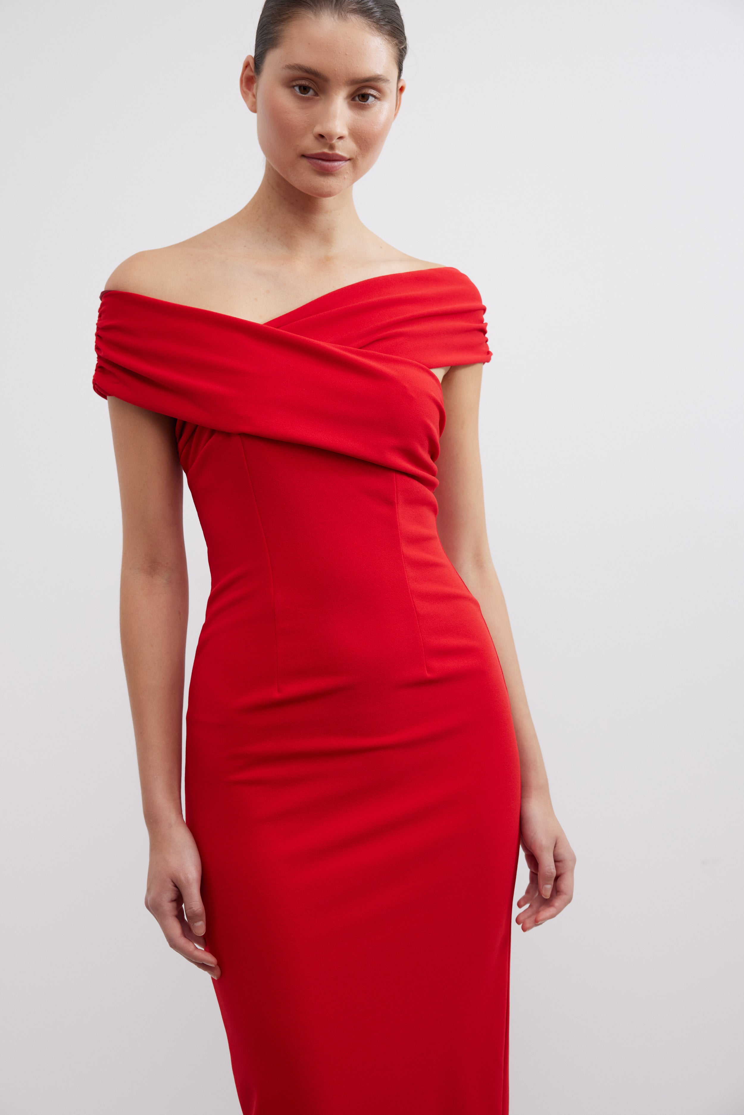 Feliz Bodycon Cranberry Red Off Shoulder Midi Dress