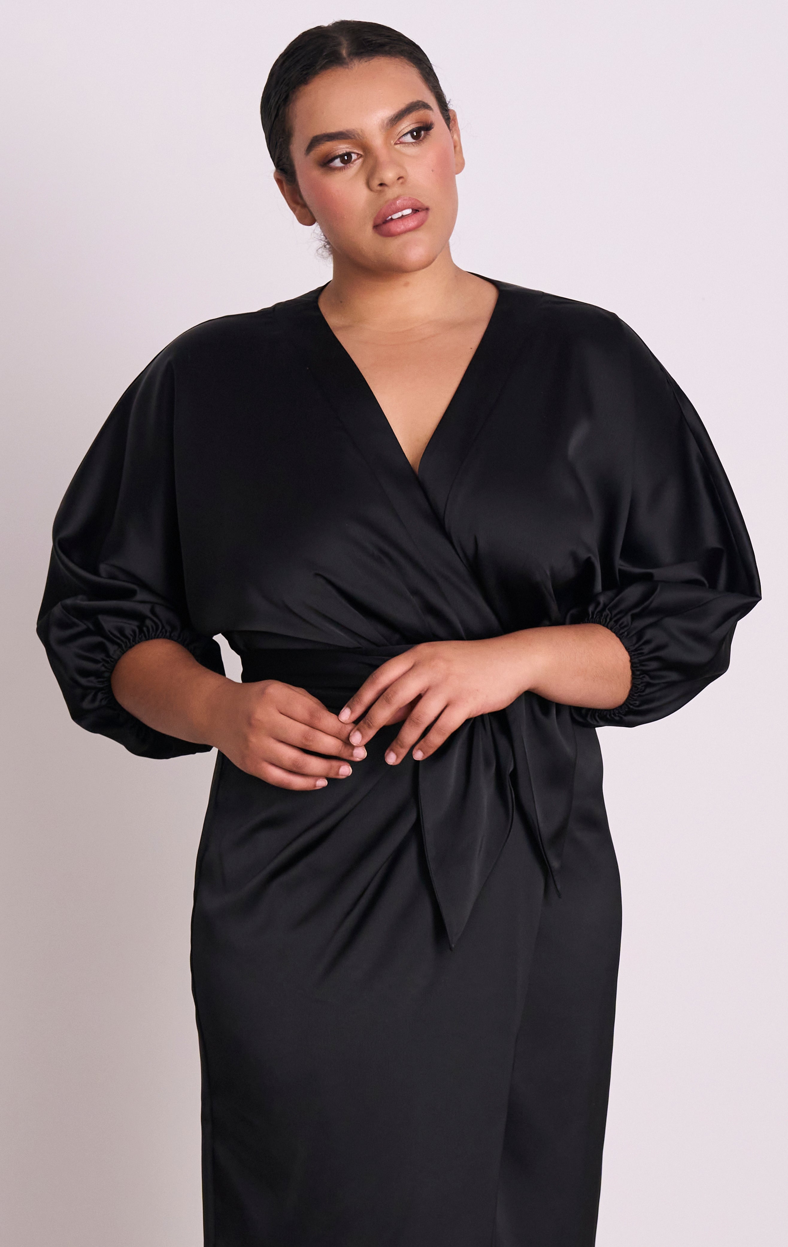 Black satin wrap midi cheap dress