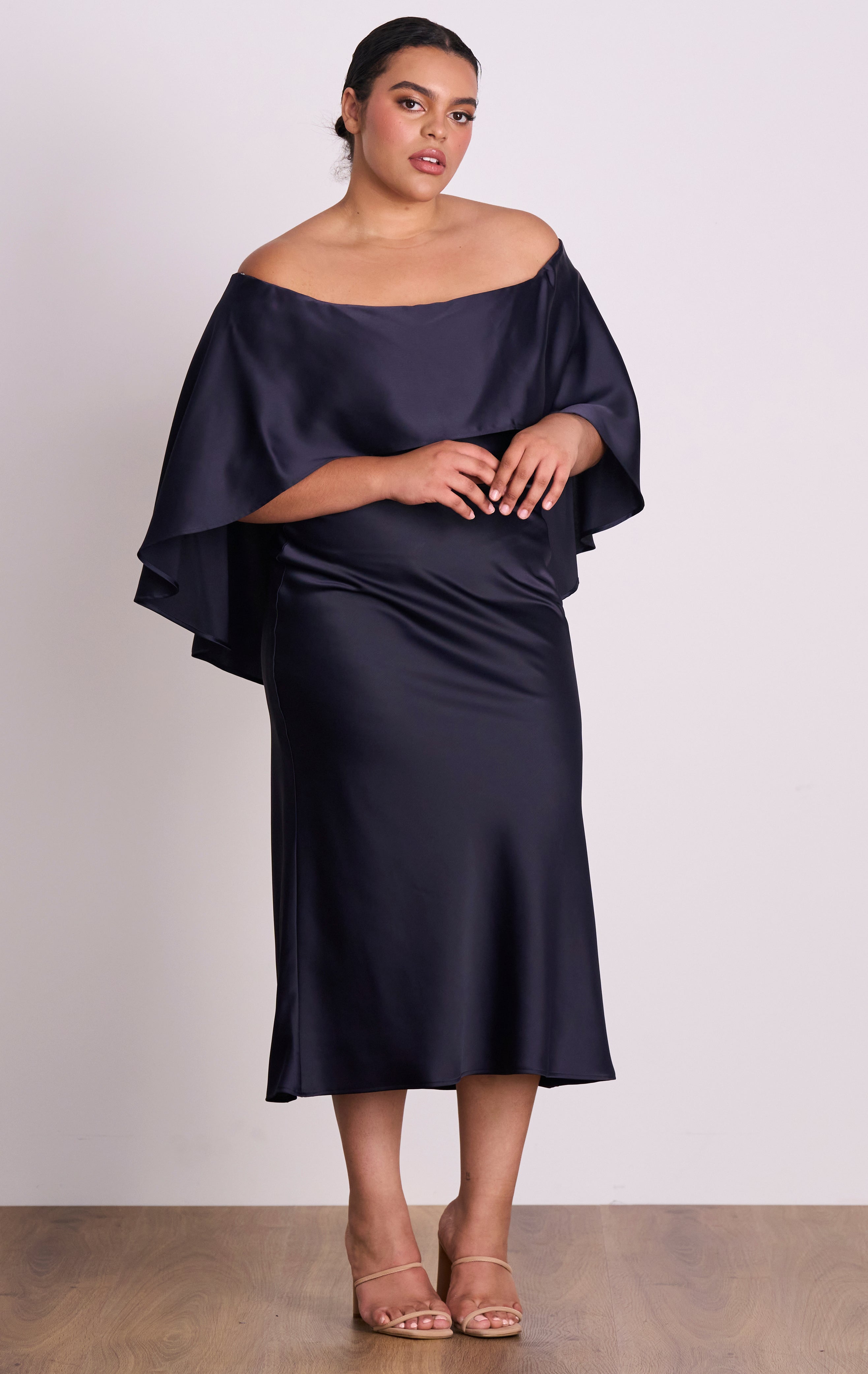 Florence Shoulder Cape Navy Satin Midi Dress P A S D U C H A S