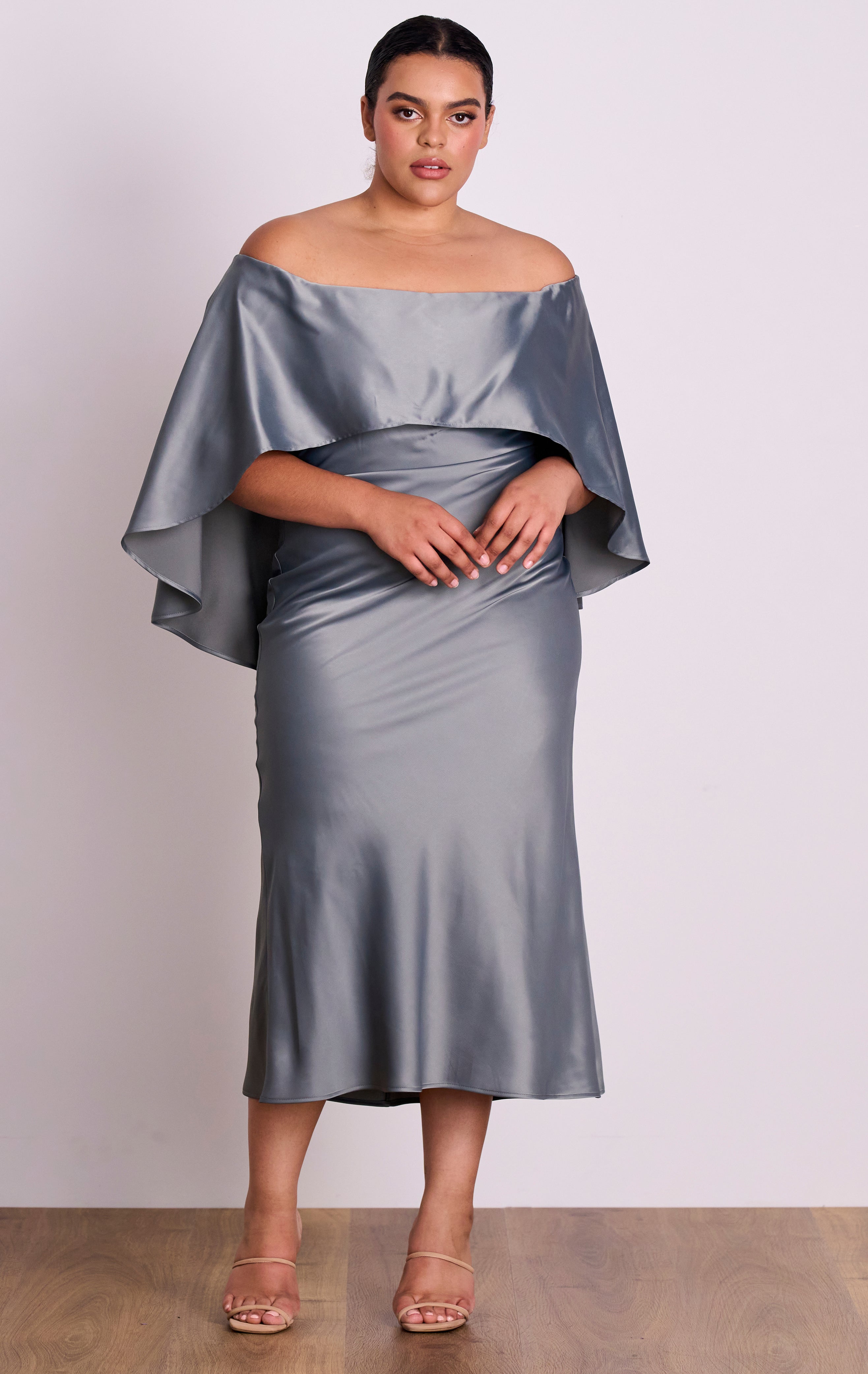 Florence Shoulder Cape Sage Satin Midi Dress P A S D U C H A S