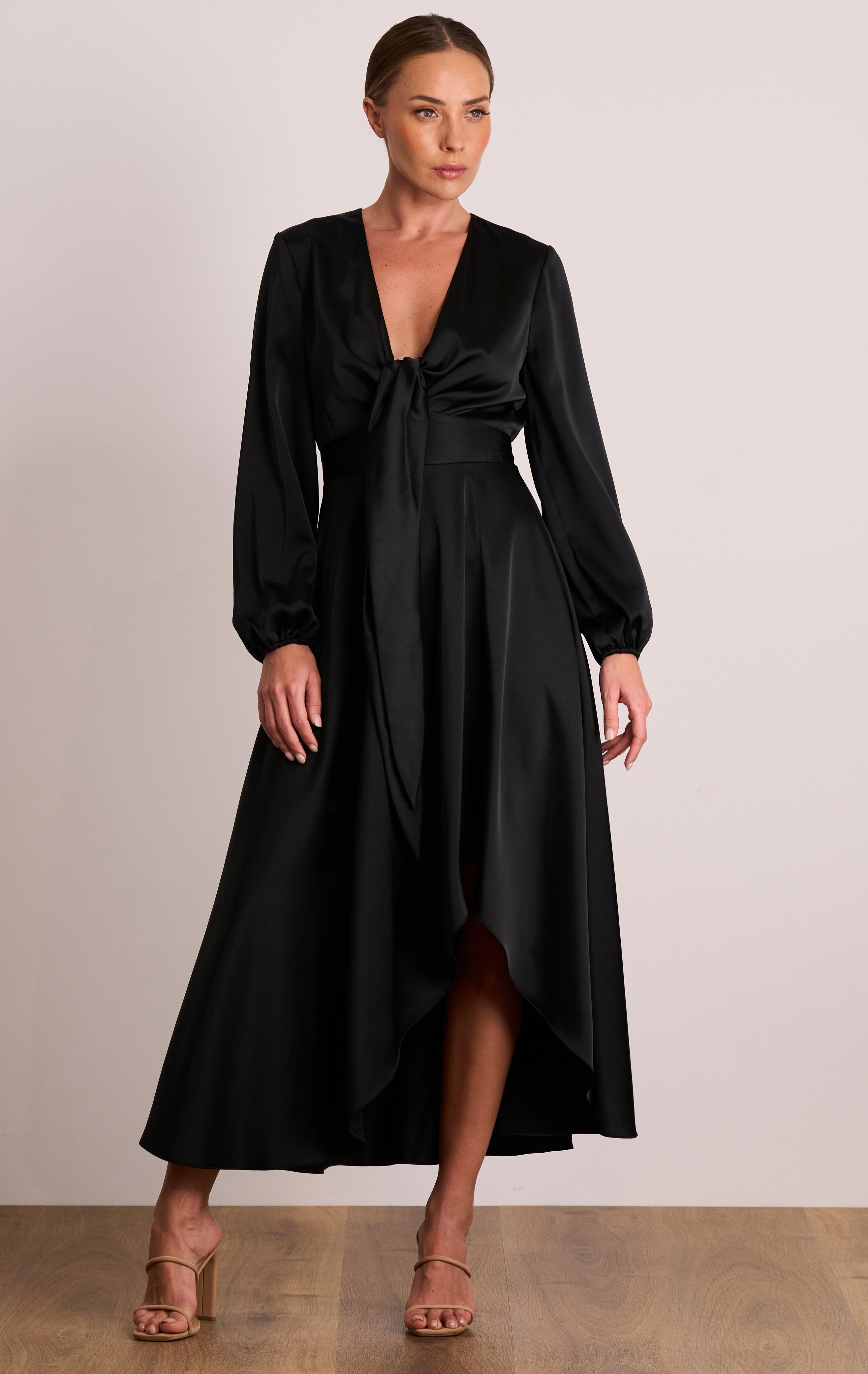 Florence Tie Black Satin Long Sleeve Bridesmaid Midi Dress P A S D U C H A S