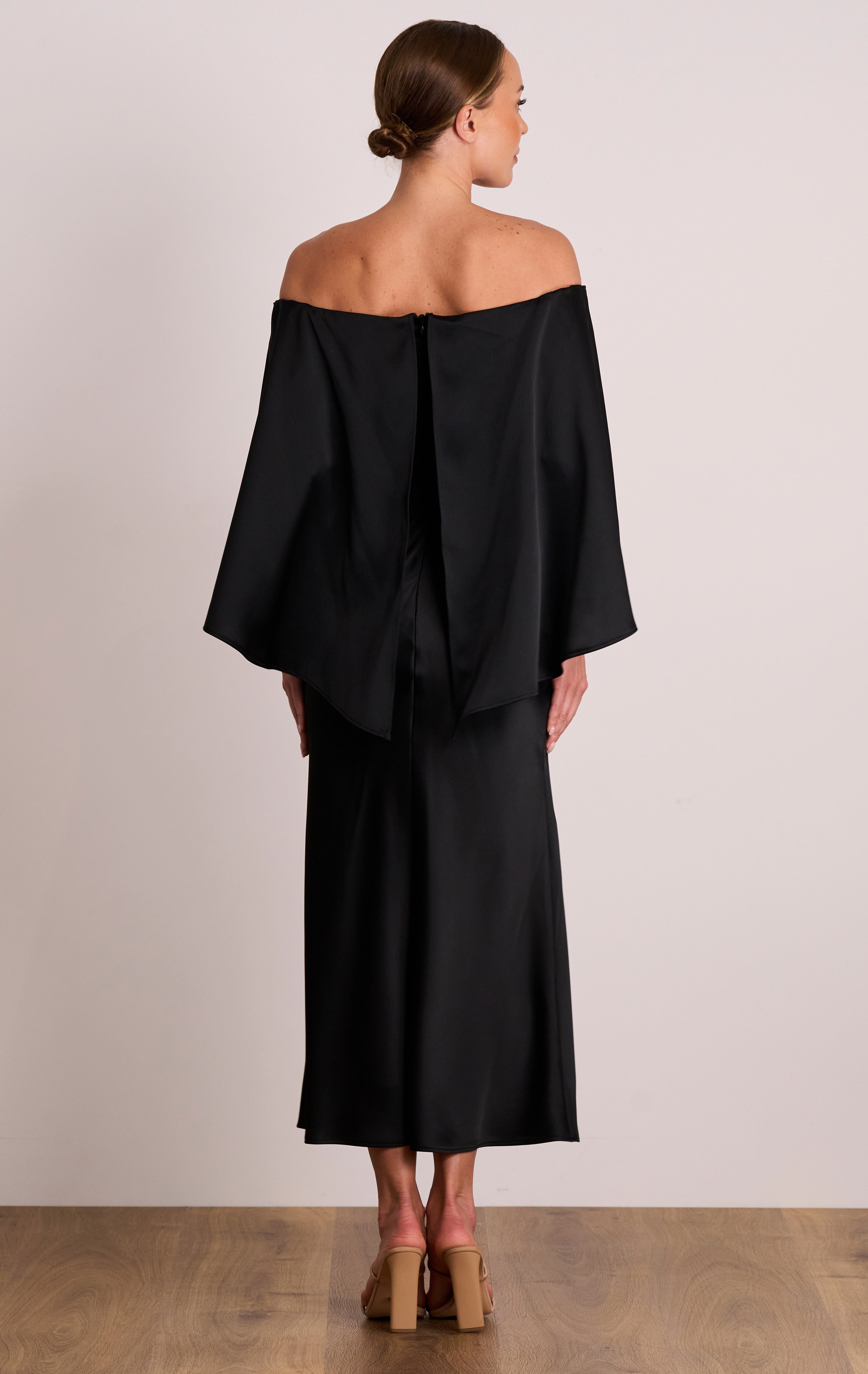 Florence Shoulder Cape Black Satin Midi Dress P A S D U C H A S